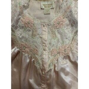 Vtg Victoria’s Secret Pink/Lace Pajama Button Down Shirt SHOULDER PADS Size Med